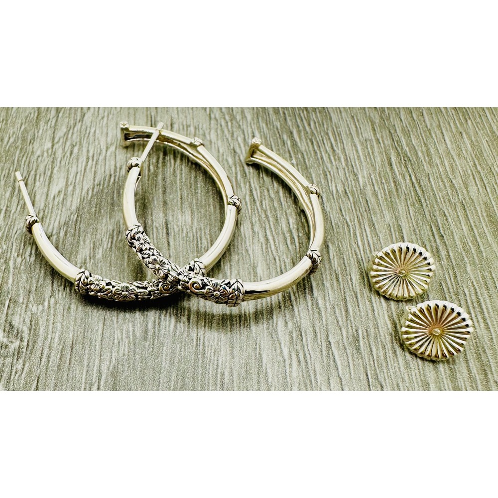 NWB JAI Sterling Silver Sukothai Floral Hoop Earrings 925 Bamboo Style 1.5 Inch